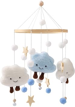 Baby Mobile for Baby Cot,Cute Wooden Star Clouds Baby Mobiles Felt Cot Mobiles Nursery Wooden Crochet Mobiles Newborn Boy Girl Bed Bell Wind Chimes Hanging Deco Nursery Mobiles for Babies