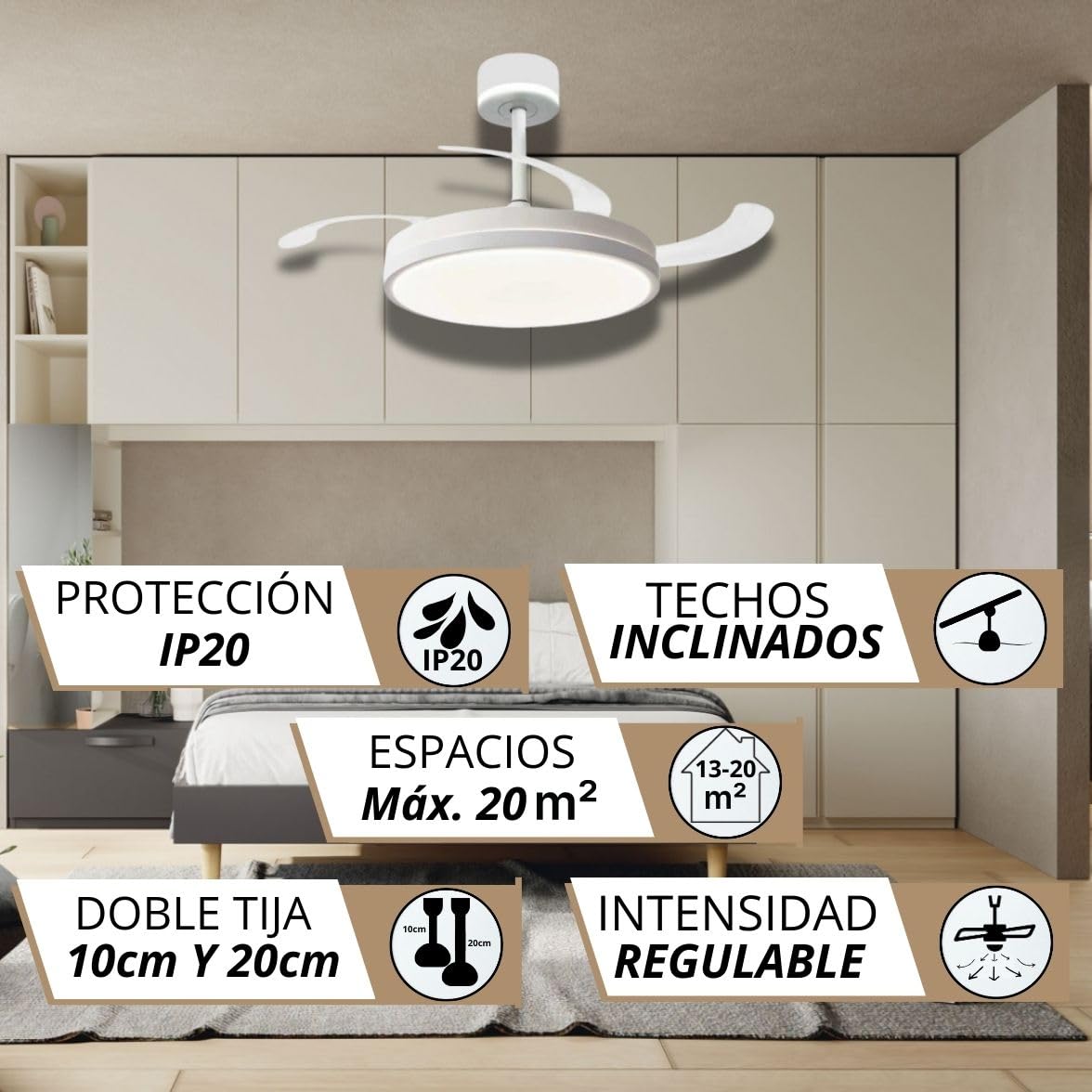 NARVI - Ventilador de Techo EDIMBURGO 1854 WH | Control Remoto | 3 Palas Transparentes | Cabezal Regulable 45w+10W - 3000K-6500K | Función Invierno/Verano | Blanco con