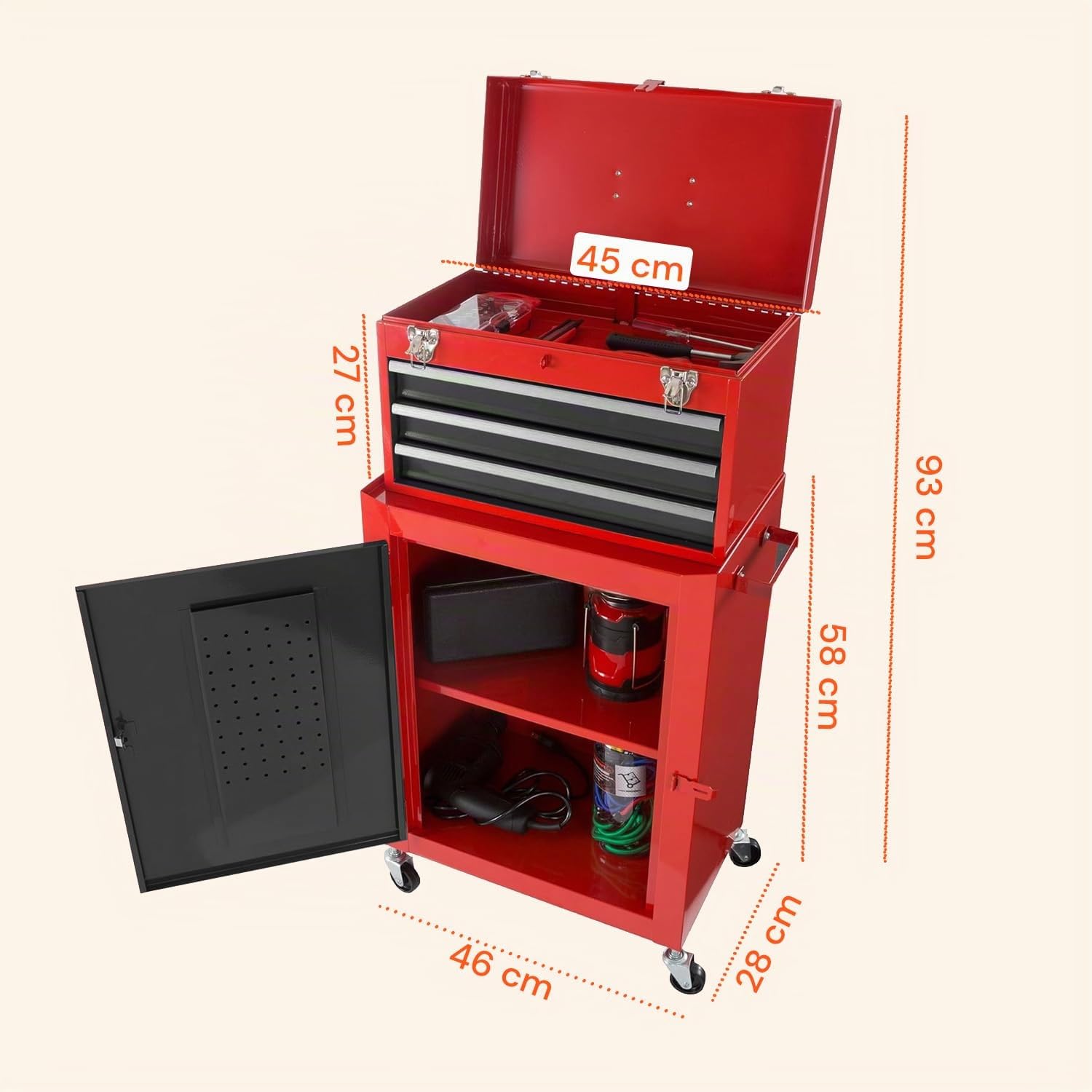 Avilia - Carrello Porta Attrezzi Professionale con 3 Cassetti Scorrevoli e Armadietto con Serratura per Garage e Officina, Struttura in Metallo Verniciato Facile da Spostare