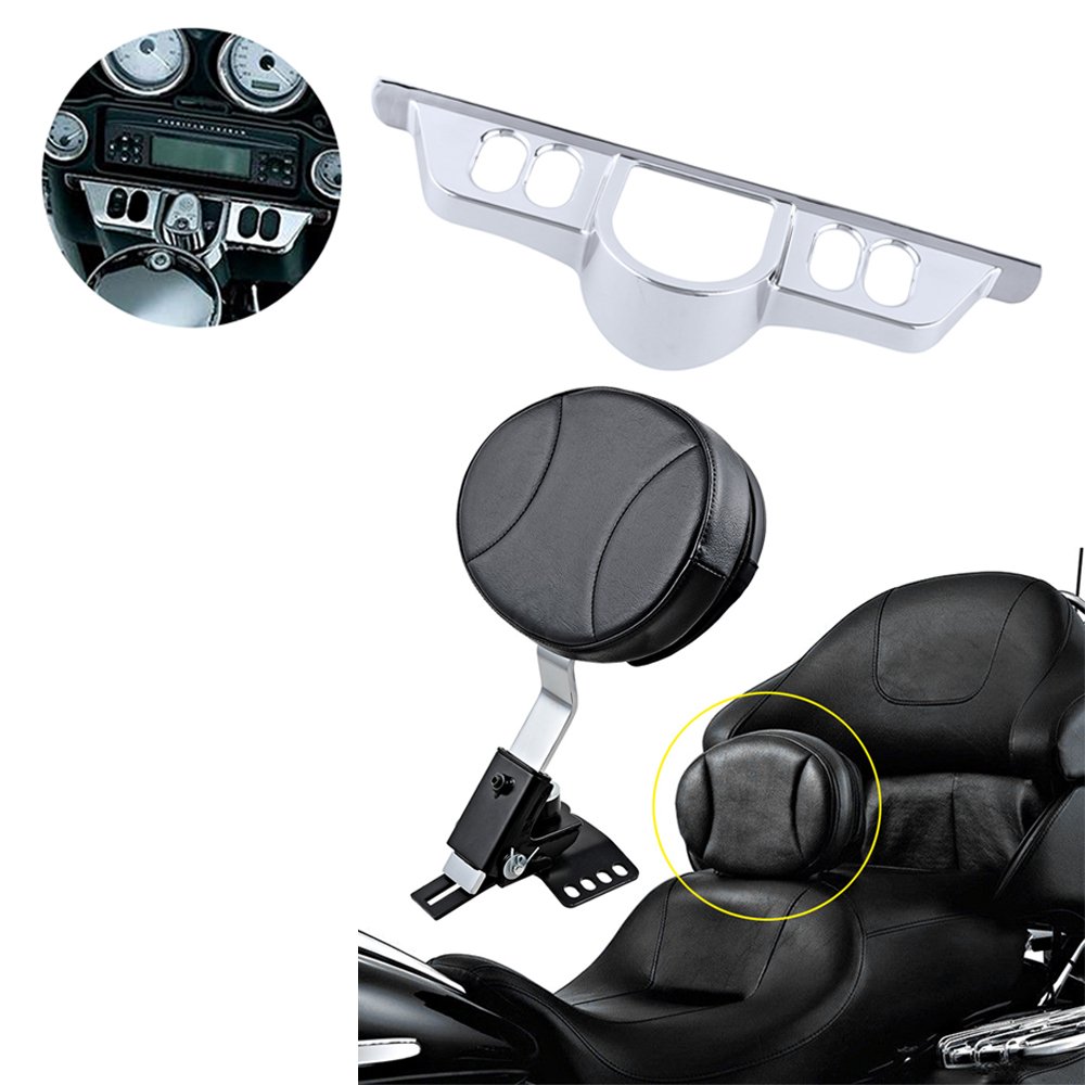Astra Depot Adjustable Plug-in Driver Rider Backrest and Chrome Switch Dash Panel Accent Cover for Harley 97-13 Electra Glide 06-13 Street Glide Slotted Seat