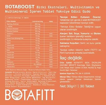 BOTABOOST Bitki Ekstreli Multivitamin Mineral Tablet – Yeşil Çay, Guarana, Biberiye, Ginseng, B Vitamini, Taurin, Krom içerir