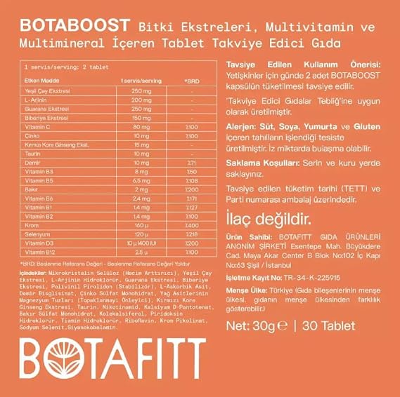 BOTABOOST Bitki Ekstreli Multivitamin Mineral Tablet – Yeşil Çay, Guarana, Biberiye, Ginseng, B Vitamini, Taurin, Krom içerir