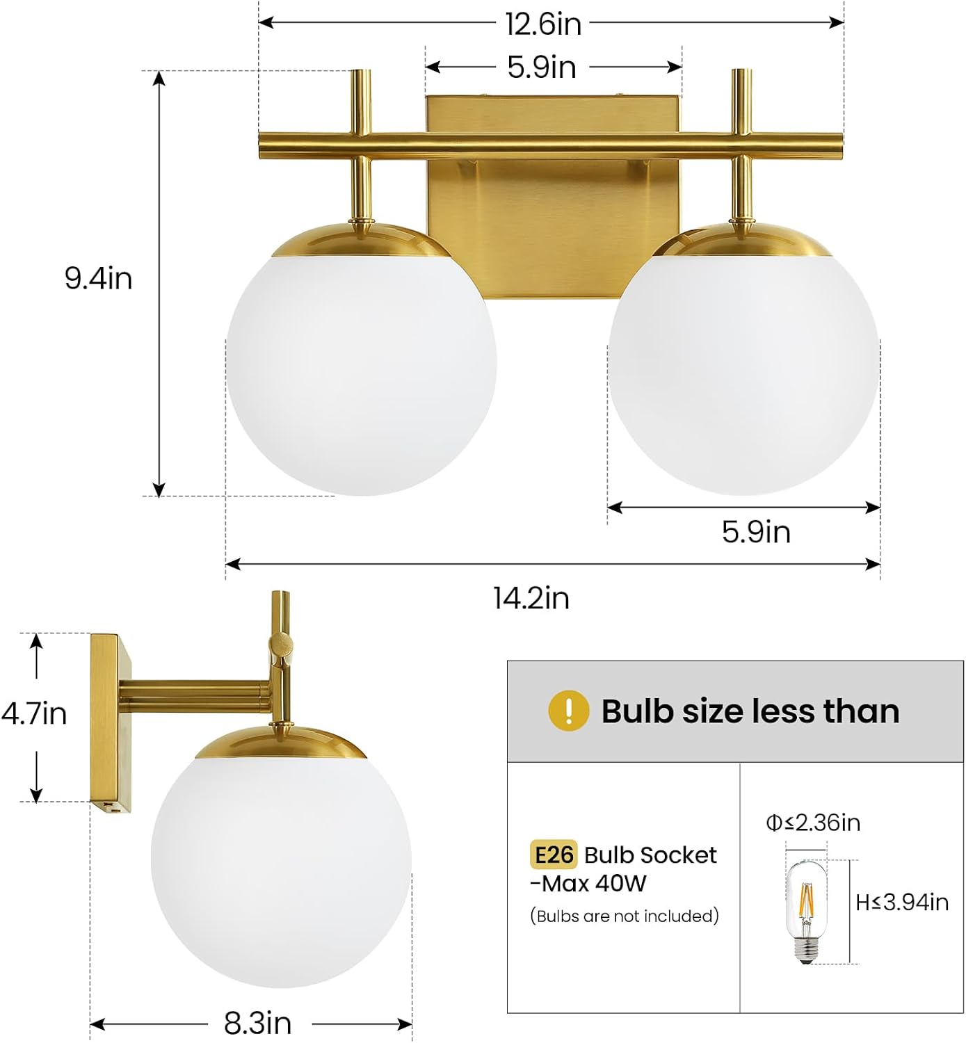 Gold Vanity Light, 2-Light Bathroom Lighting Fixtures Over Mirror Milky White Glass Globe Shades, Modern Vanity Lighting Fixtures Wall Sconce 14 Inch (Exclude E26 Bulb)
