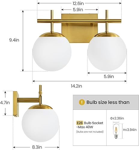 Miniatura 3 de Lámpara de tocador dorada, 2 luces para baño, sobre espejo, pantallas de globo de vidrio blanco lechoso, aplique de pared moderno de 14 pulgadas