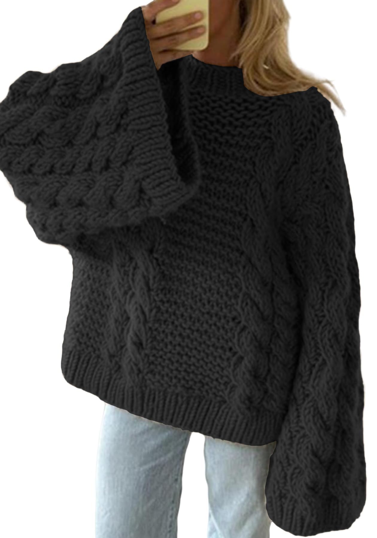 LETSVDO Womens Oversized Cable Knit Sweater Long Sleeve Crewneck Baggy Slouchy Chunky Pullover Sweaters