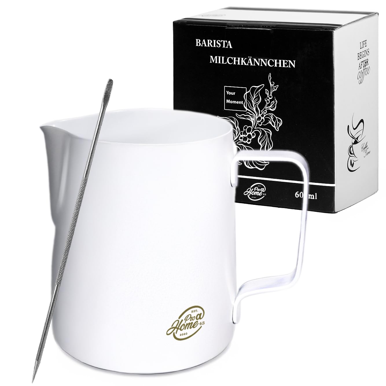 Barista Milchkännchen Edelstahl weiß 600ml (auch 350ml) inkl. Latte Art Stift/Milchschaumkännchen in Geschenkbox