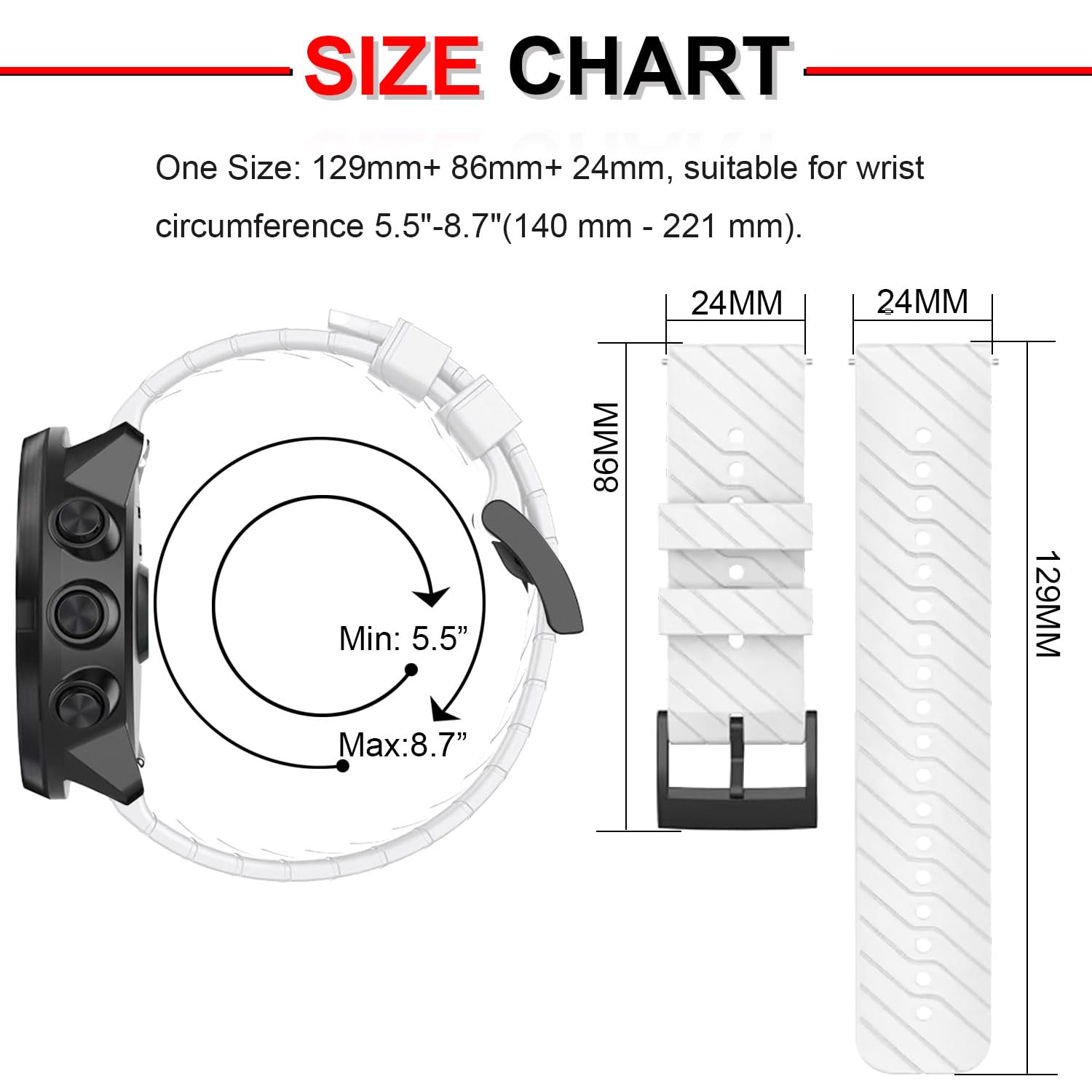 SeaFicco 24MM Silicone Watch Strap Compatible for Suunto 9 /Suunto 9 Baro/Suunto 7 /Suunto D5 /Suunto Spartan Sport Wrist HR Replacement Watchband Sports Fitness Watch Band (White) - Image 3