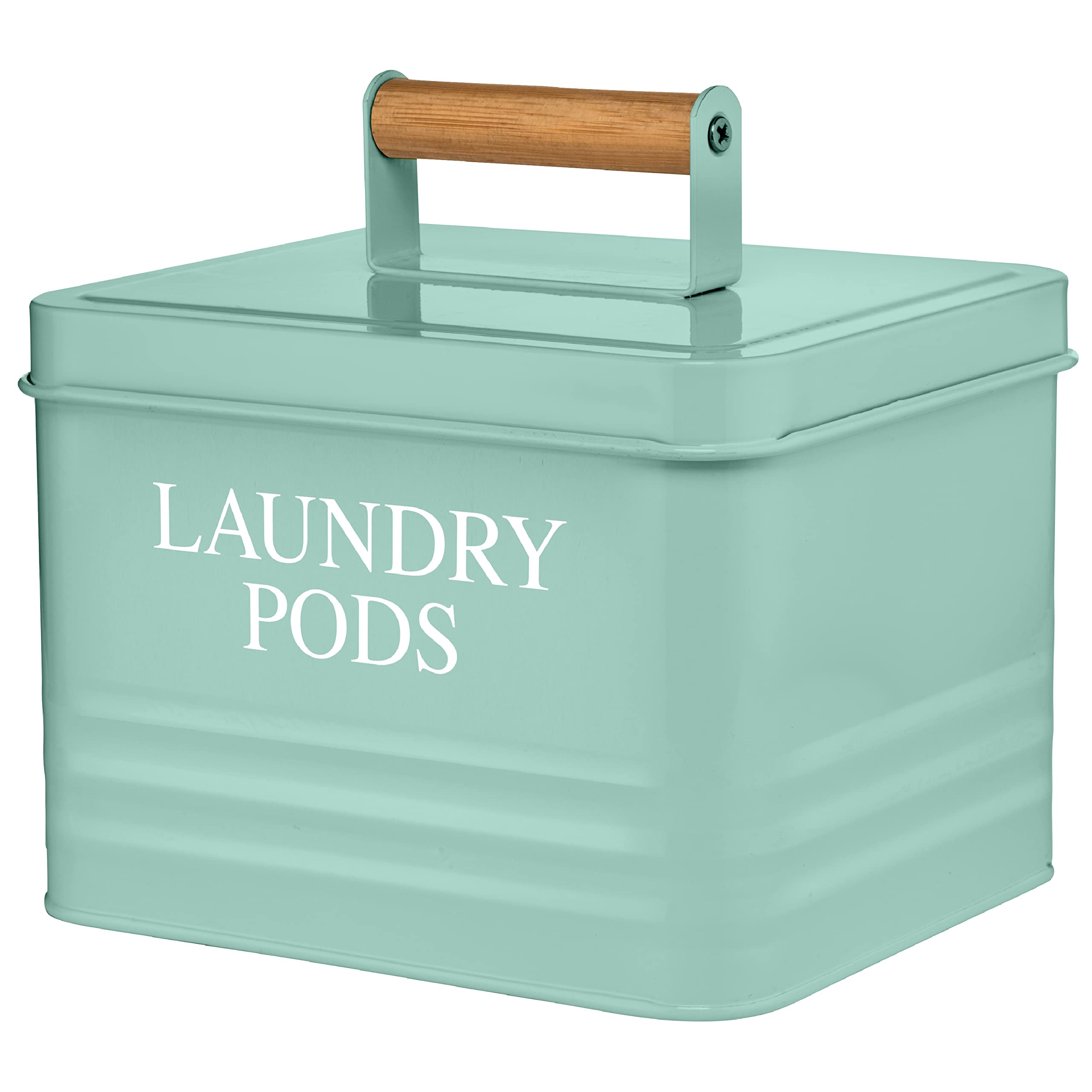 Calindiana Modern Farmhouse Metal Laundry Pods Holder Container with Lid for Laundry Room Decor and Accessories and Space Saving Organization and Storage, Holds 81 Laundry Pods, Mint