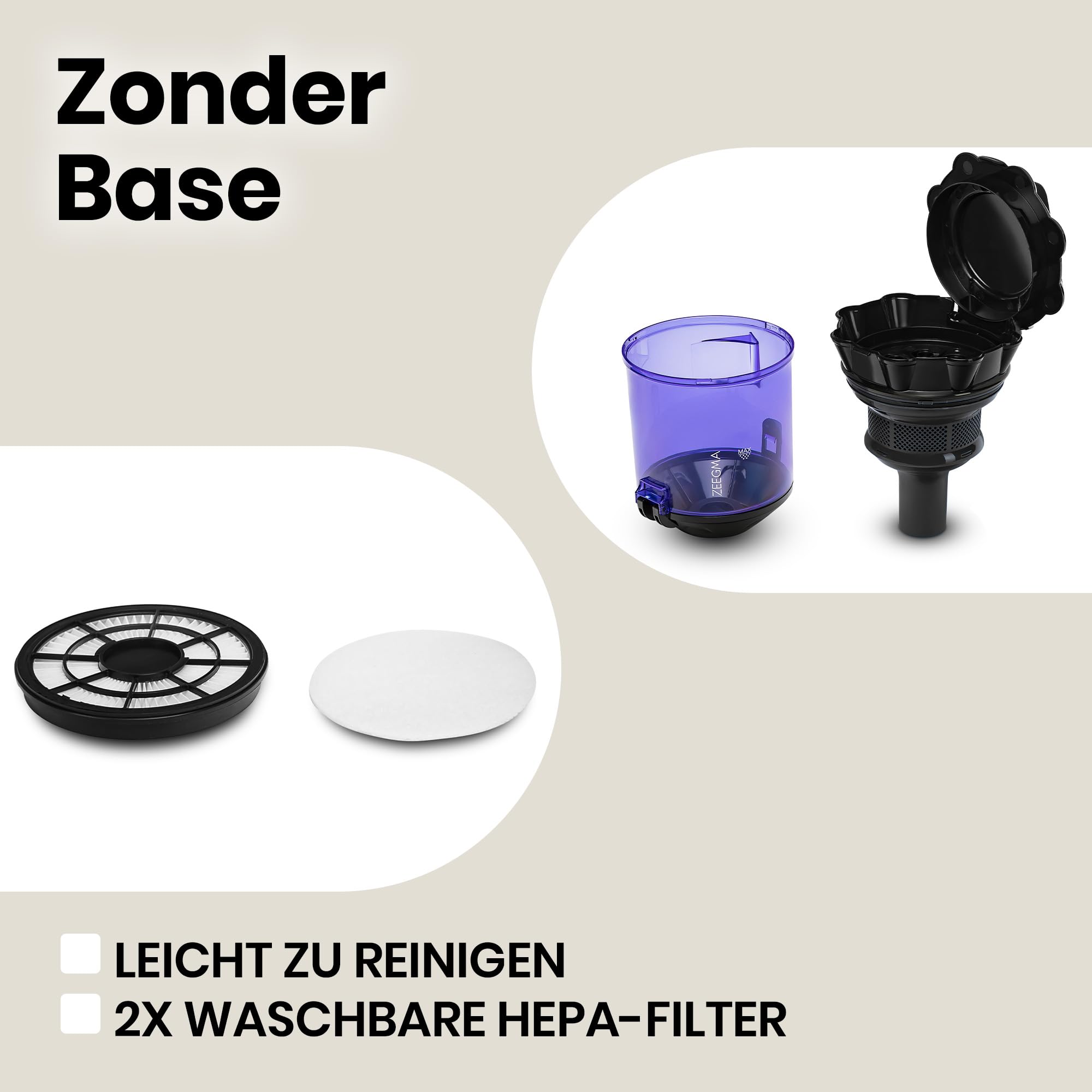 Zeegma Zonder Base Staubsauger beutellos Zyklon Staubsauger | hohe Saugleistung, 2 HEPA H13 und waschbare Filter Allergikerfreundlich Staubbehälter, 2,5 Liter