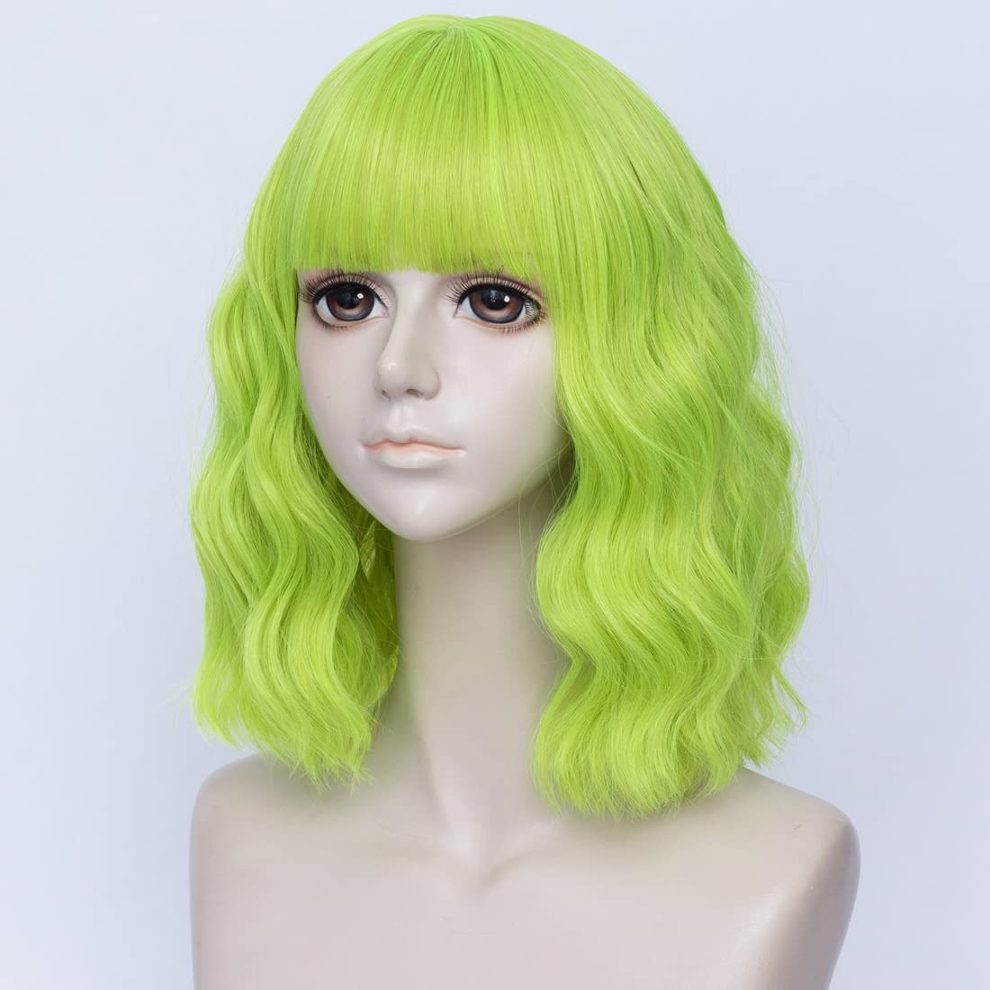 Lime Green Wig for Women Light Green Wig Neon Green with Bangs Short Wavy Synthetic Heat Resistant 14 Inch, 22.5-23.6 Inch Circumference for Cosplay Party Costume Fun Daily Wear - Image 7