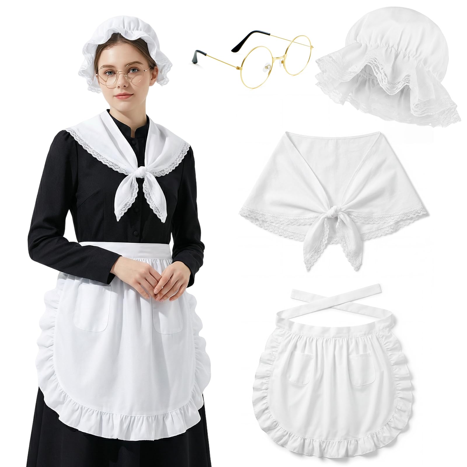 4PCS Victorian Costume Women Colonial Maid Outfit Set with White Bonnet,Lace Shawl and Ruffle Waist Apron Colonial Costume Maid Apron with Pockets for Halloween,Cosplay and Themed Parties (Maid)