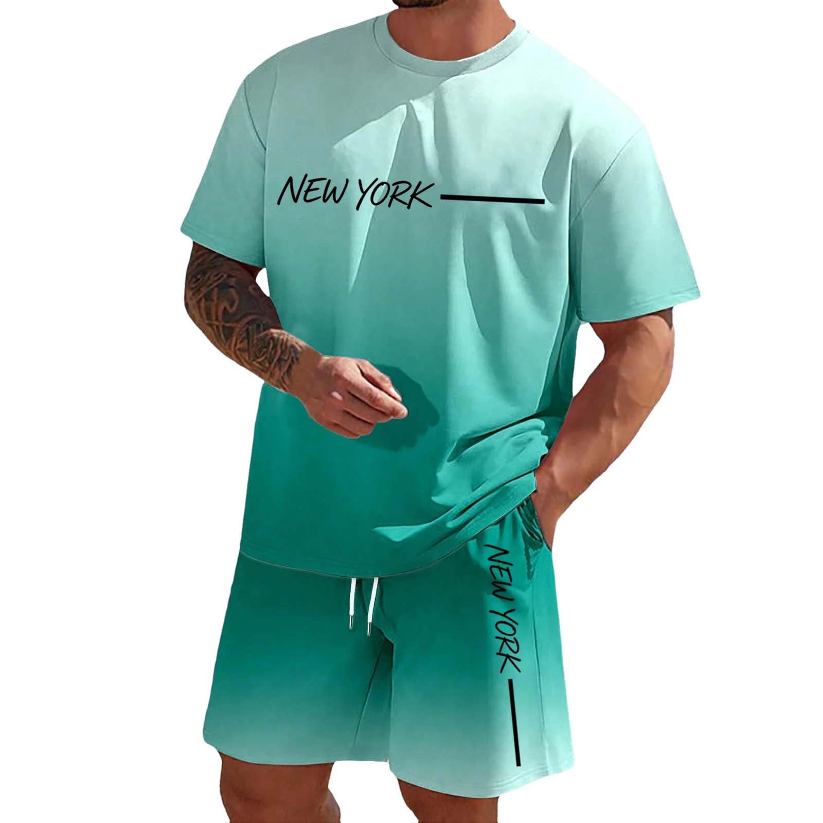 Conjunto Casual de Verano para Hombre Camiseta Manga Corta y Pantalones Cortos Estampado Degradado
