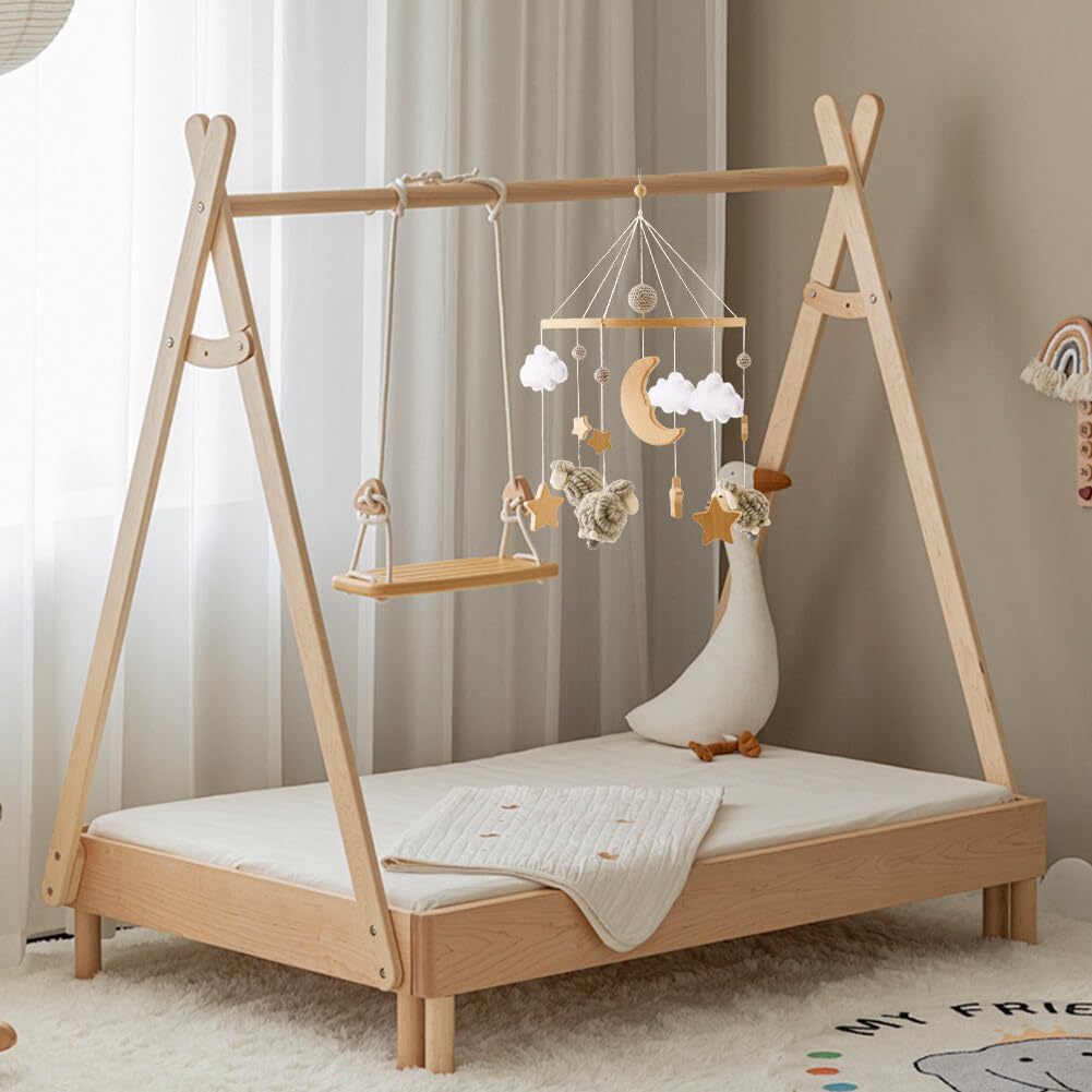 Scacciapensieri Per Culla In Legno E Feltro | Cigno Bianco, Nuvole E Stelle, Giocattolo Visivo 23x50 Cm - 2
