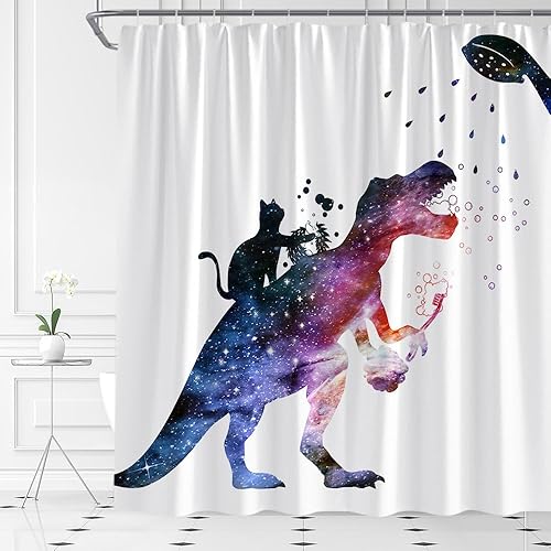 Miniatura 6 de Divertida cortina de ducha de dinosaurio, silueta de gato, erizo fresco, juego de decoración de baño de tela con ganchos (70 pulgadas de ancho x 70