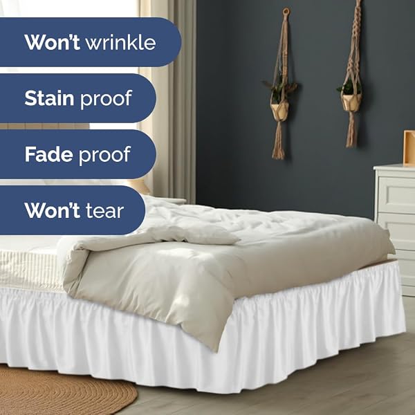 Wrap Around Dust Ruffle Bed Skirt - White - for Queen Size Beds with 15 Inch Drop - Easy Fit Elastic Strap - Adjustable Pleated Bedskirt w/Brushed Fabric - Wrinkle Free - for Women, Men, Kids & Teens - 5