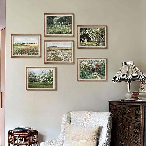 Miniatura 2 de 6 piezas de arte de pared vintage de campo francés, impresiones de paisaje de primavera, prado verde, cabaña, naturaleza, campo de flores, estético,