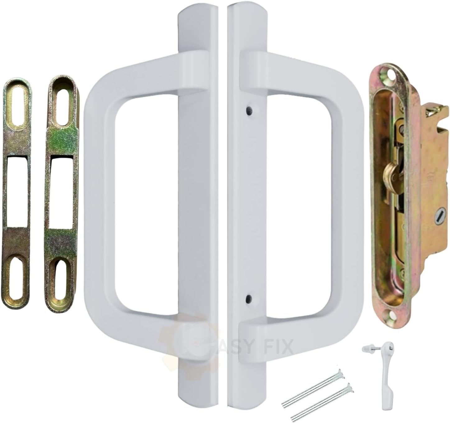 8.5" PGT Sliding Door Handle Kit for Patio Glass Door Repair | Replacement Complete Set - Locking Mechanism, Mortise Lock, Trimplate, Keepers, Screws, Thumb Latch Lever | 3-15/16" Hole Spacing - WHITE
