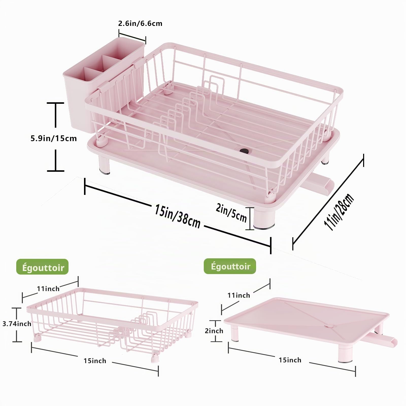 GHERISN Égouttoir à vaisselle avec plateau d'égouttement, égouttoir à vaisselle avec bec de drainage, égouttoir à vaisselle en acier inoxydable avec tasses, ustensiles et planches à découper pour