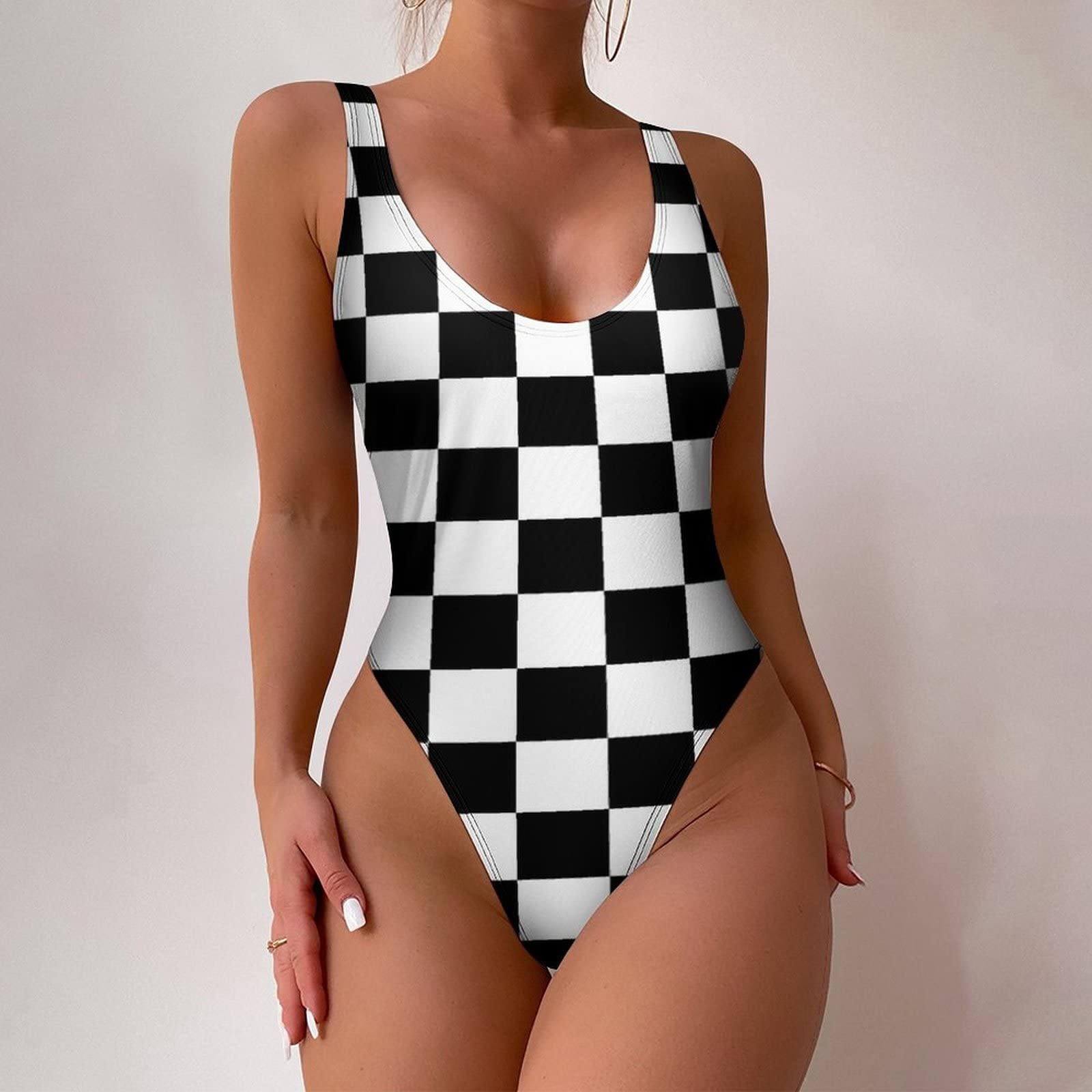 SEPTYK Black White Race Checkered Flag Print Women One Piece Swimsuit for Swimwear Sexy Monokini Sports Swimsuits L