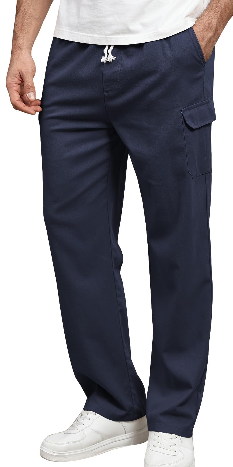 Zetieny Leinenhose Herren Lang Leichte Sommerhose Herren Loose Fit Freizeithose mit Taschen Kordelzug für Urlaub Strand Yoga Alltag