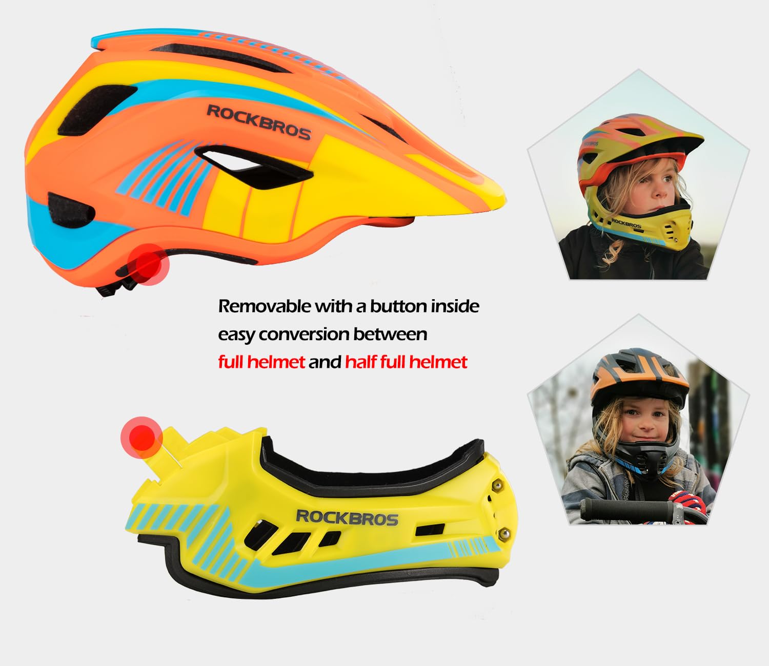 ROCKBROS Casco Bambino Integrale per Bici, Caschetto Bicicletta per Bambini Bimbi, per MTB, BMX, Protezione Sicurezza con Mento Rimovibile, Certificato CE, Dimensioni Regolabili