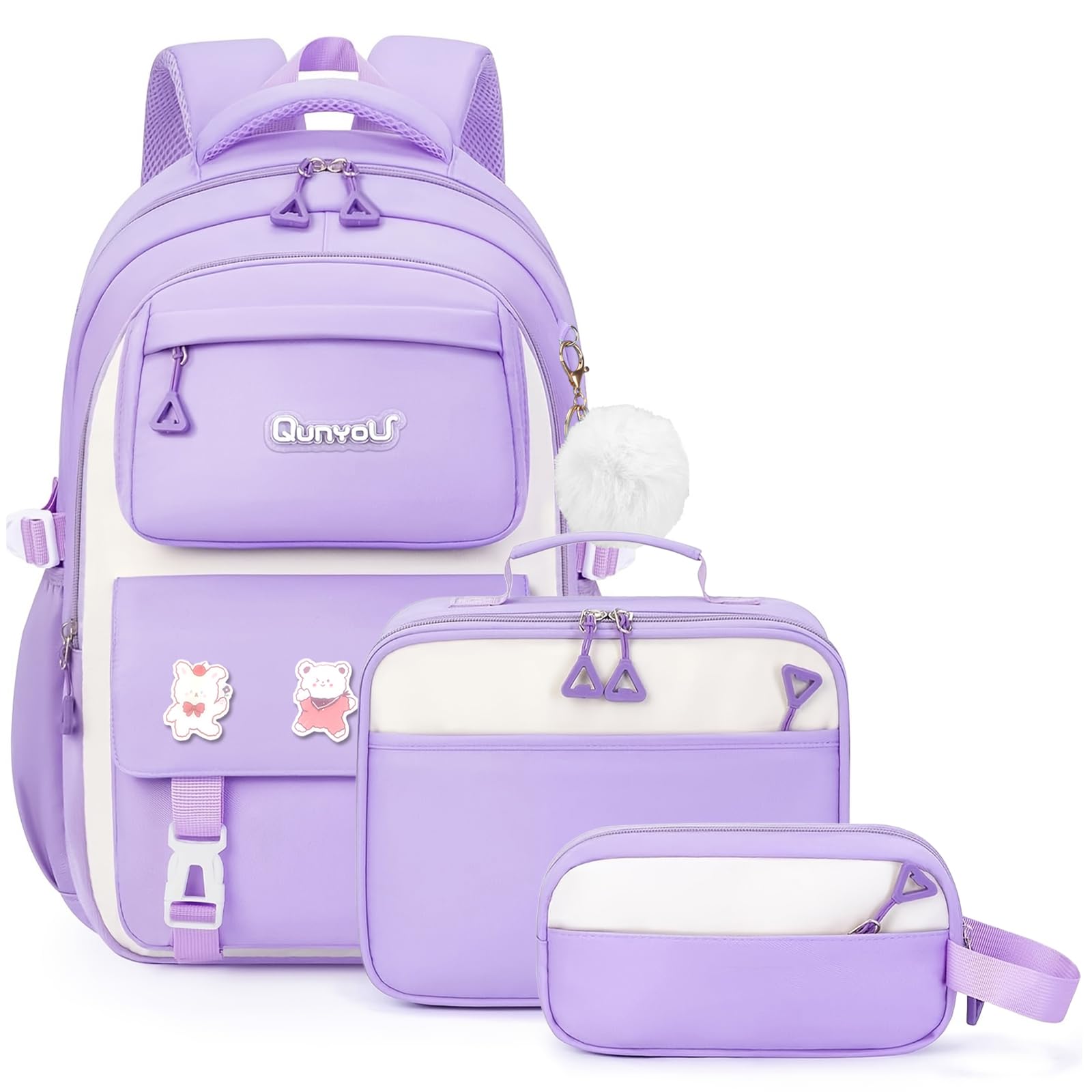 Amythe Set Schulrucksack Mädchen 3. bis 7. Klasse fur Schule | Schulranzen mit Lunch Tasche Federmäppchen für Schule Reisen für 15.6" Laptop-Lila, 22L