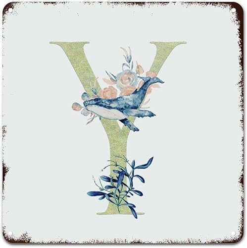 WoGuangis Metal Sign Wall Art Ocean Themed Custom Initial Letter Y Sign Sage Green Monogram Blue Whale Rose Vintage Signs Coastal Summer Vintage
