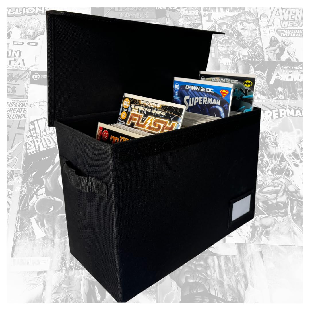 Comic Book Storage Box With Divider Built In (Removable)- Black Comic Book Box, Water Resistant, Holds 150 Comic Books, Full-length Velcro Flip-Top Enclosure, Comic Book Storage Box label pocket