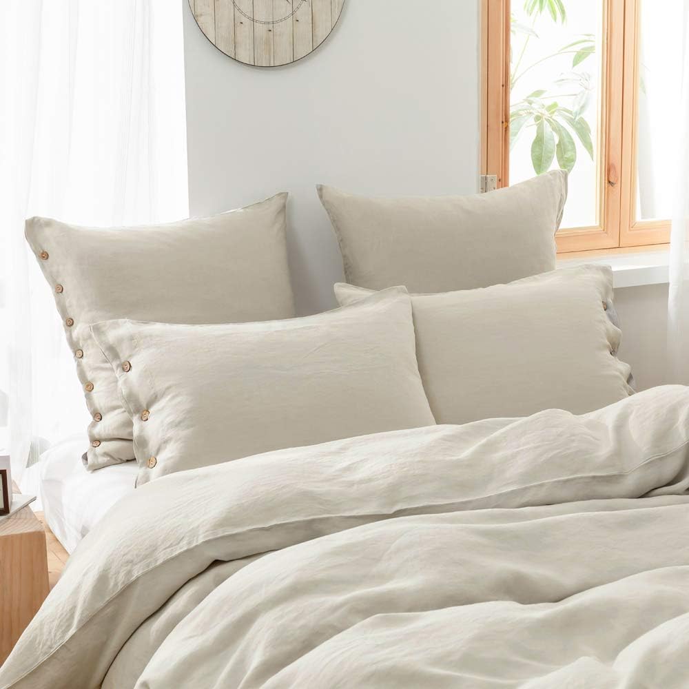 Simple&Opulence 100% Washed Linen Euro Sham Cover, 26 x 26 Inch, Decorative Bed Pillow Cover with Coconut Button, Solid Color Pillow Shams Set of 2 (Natural Linen) - Image 8
