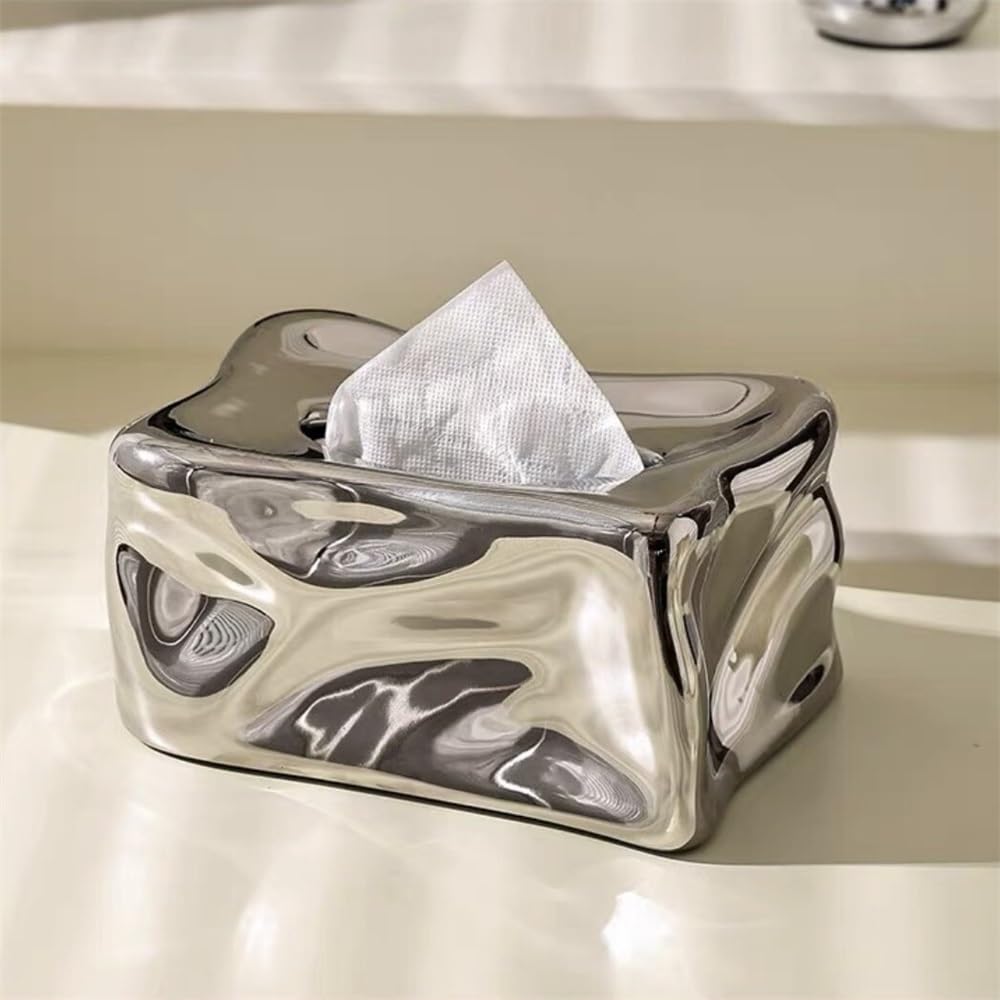 Tissue Box Holder Ceramic Tissue Box Irregular Texture Home Living Room Office Desktop Organizer White, Silver Facial Tissue Box Cover(Silver)