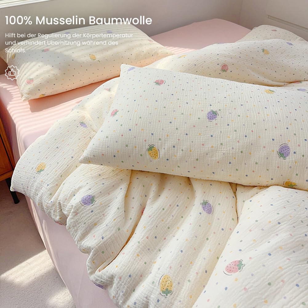Nayoroom Musselin Kinderbettwäsche 100x135 cm Baumwolle Bettbezug mit Kissenbezug 40x60 cm Oeko-TEX Standard Bunte Erdbeeren