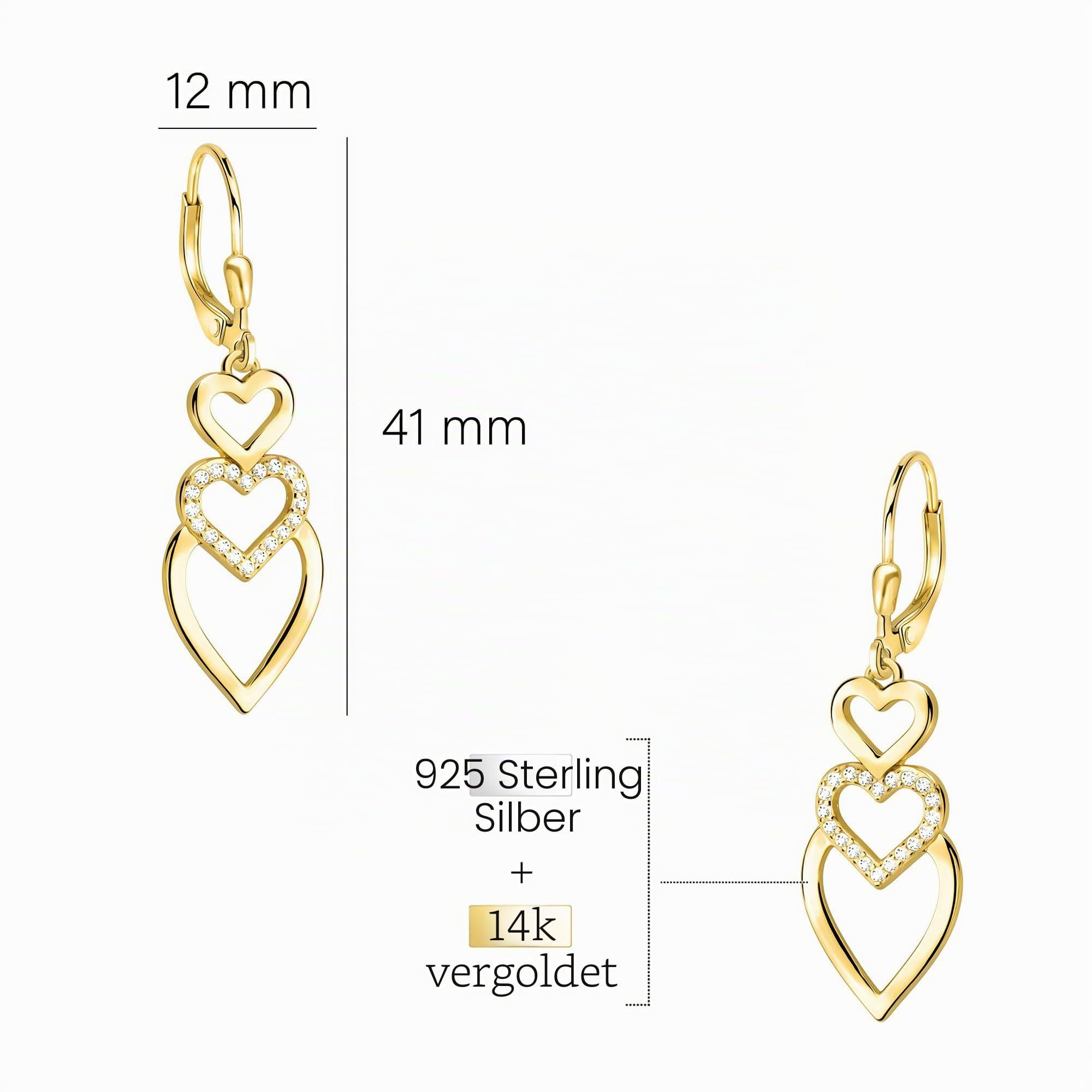 SOFIA MILANI - Damen Ohrringe 925 Silber - mit Zirkonia Steinen - Dreifaches Herz Ohrhänger