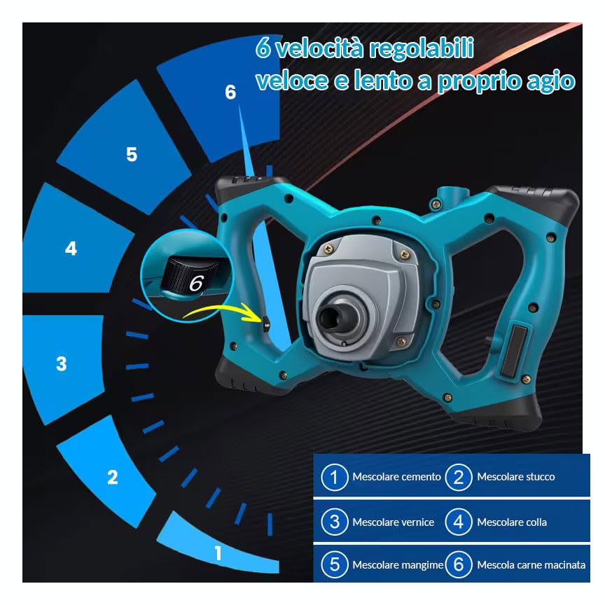 Miscelatore Cemento 2600W 6 Marce con Frusta – Agitatore Elettrico Professionale per Malta, Vernice, Colla e Intonaco – Impugnatura Ergonomica Antiscivolo e Regolazione di Velocità