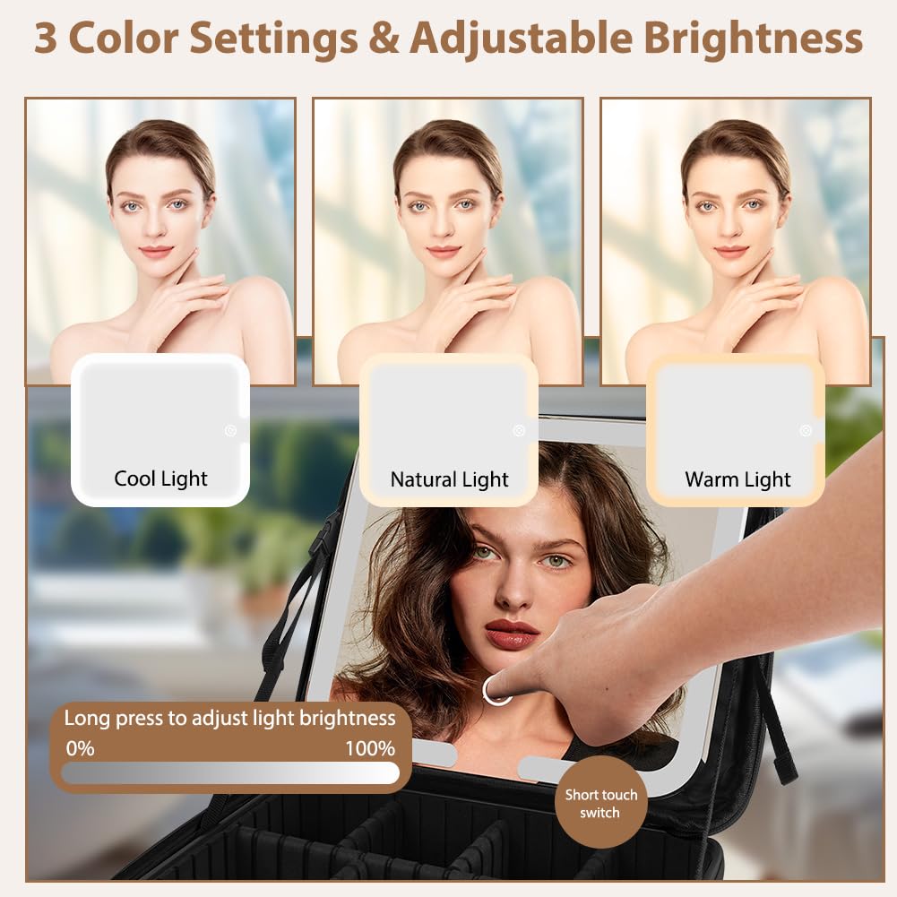 OSDUE Estuches de Maquillaje con Espejo Iluminado, PU Impermeable Maquillaje, Recargable Espejo LED (3 Colores y Regulación Continua) Profesional Neceseres de Viaje, EVA Compartimentos Ajustables Nero