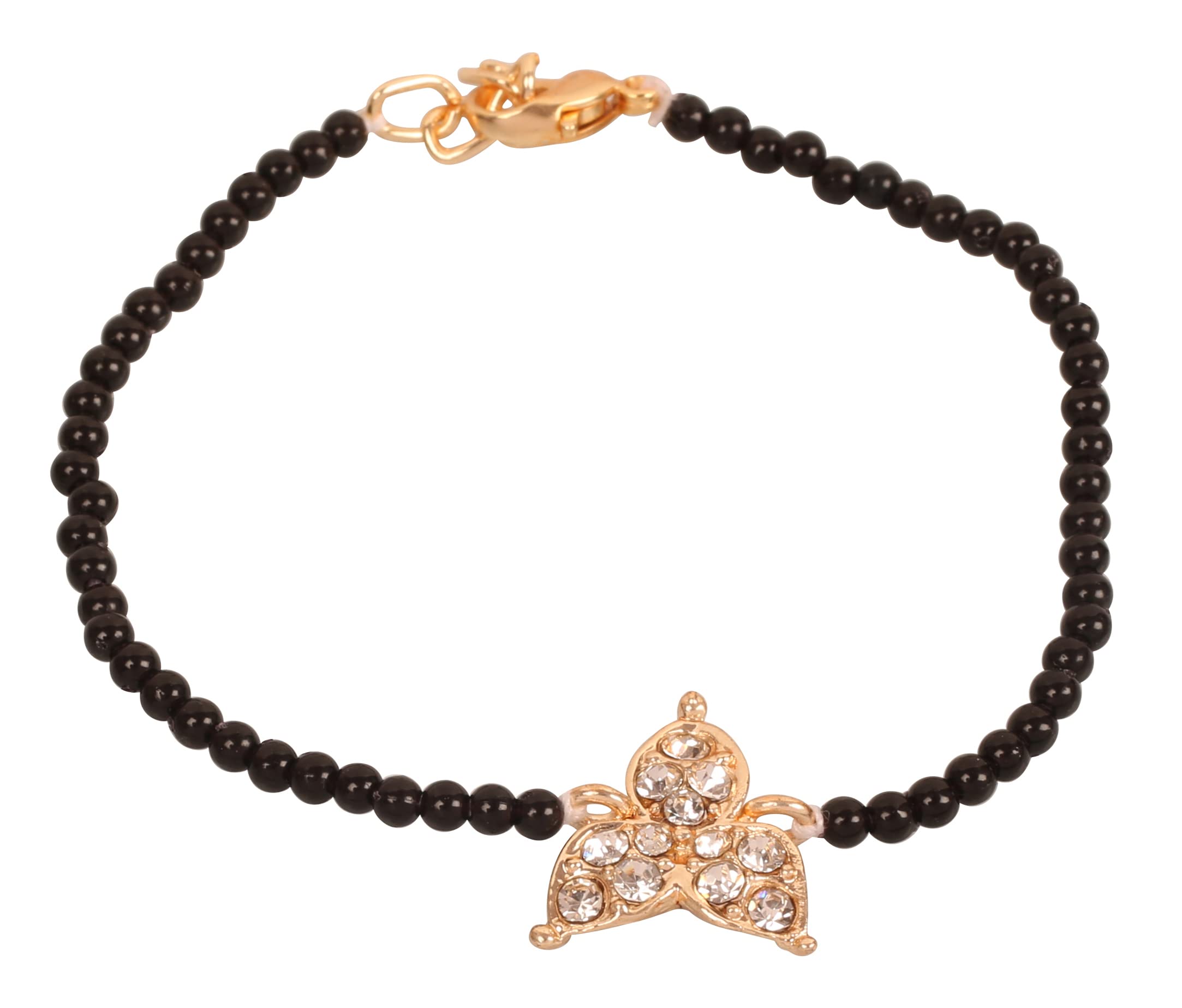 Touchstone Indian Bollywood Fashion Finely Handcrafted Filigree Glowing Rhinestone Coupled with Black Beads Designer Jewelry Cute Bracelet in Gold Tone for Women.