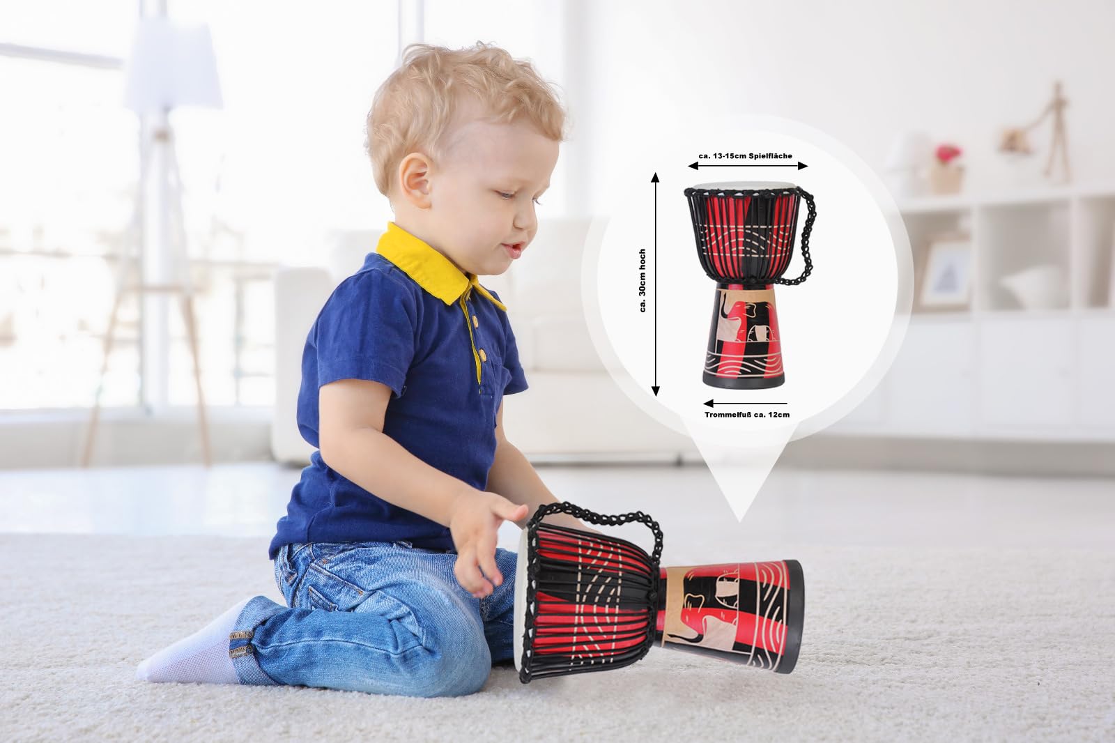 Djembe Africano 30 Cm Per Bambini - Tamburo Con Motivo Colorato, Percussione Legno Di Mogano