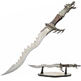 SZCO Dragon Fang Fantasy Sword – 24” Stainless Steel Short Sword with Jagged Spine, Dragon Pommel, Etched Blade, and Display Stand – Decorative Collectible Knife for Cosplay, LARP, Gifts, and Display