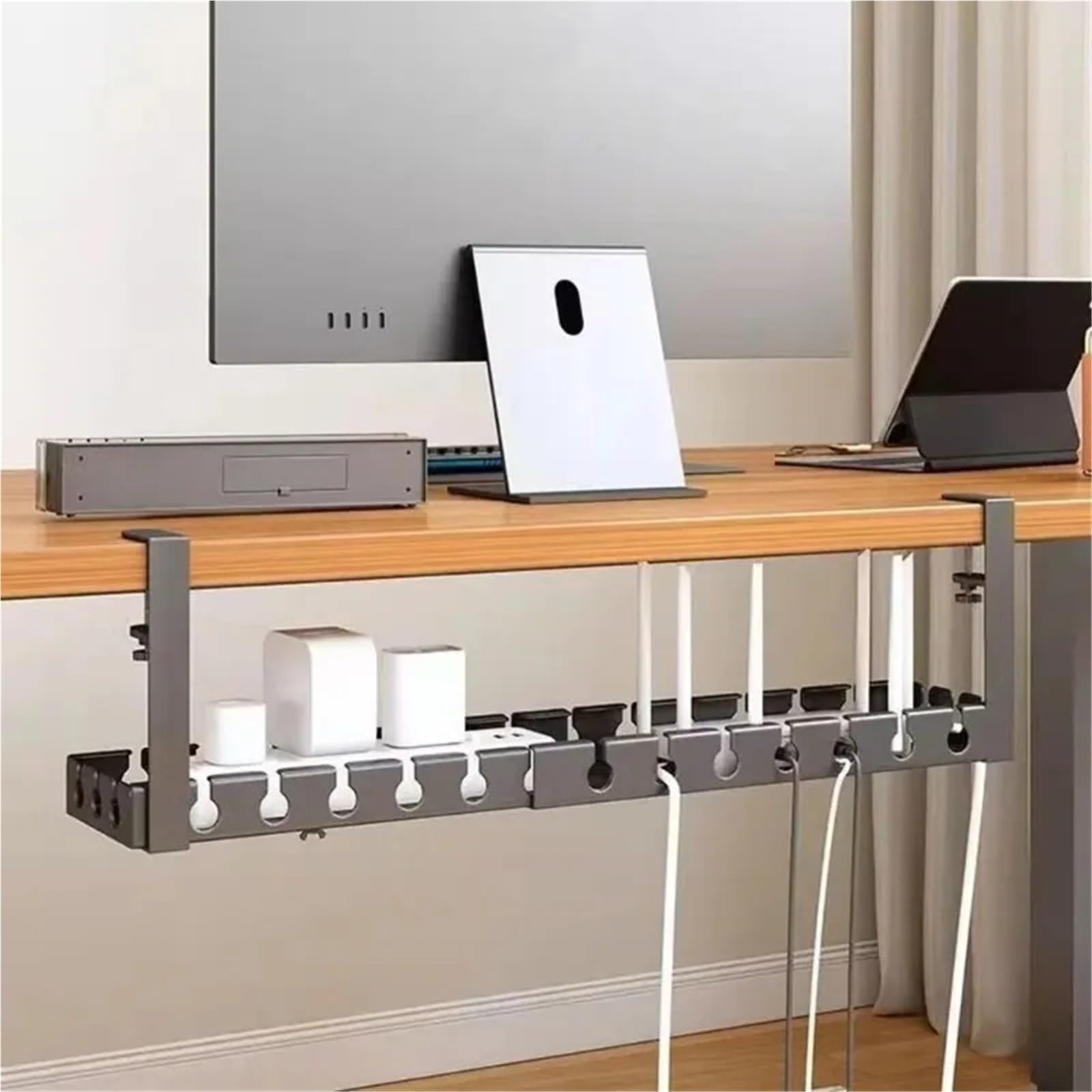 Portacavi in ​​ferro sotto la scrivania | Dimensioni multiple, senza trapano, portacavi sotto la scrivania: supporto for ciabatta e organizer for cavi(Retractable)