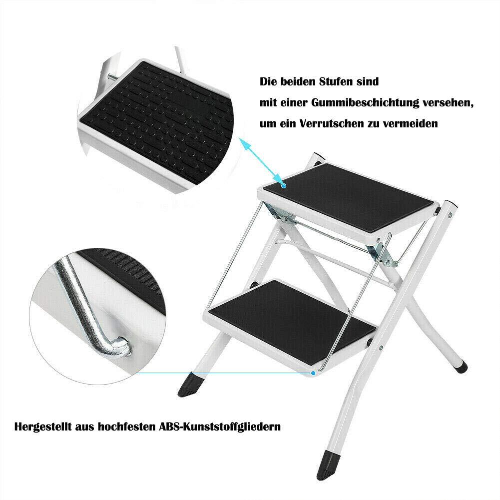 Taburete plegable de acero de alto rendimiento (para hasta 150 kg) Escalera portátil de 2 peldaños con peldaños acanalados antideslizantes Mini taburete ligero para el garaje de cocina en casa