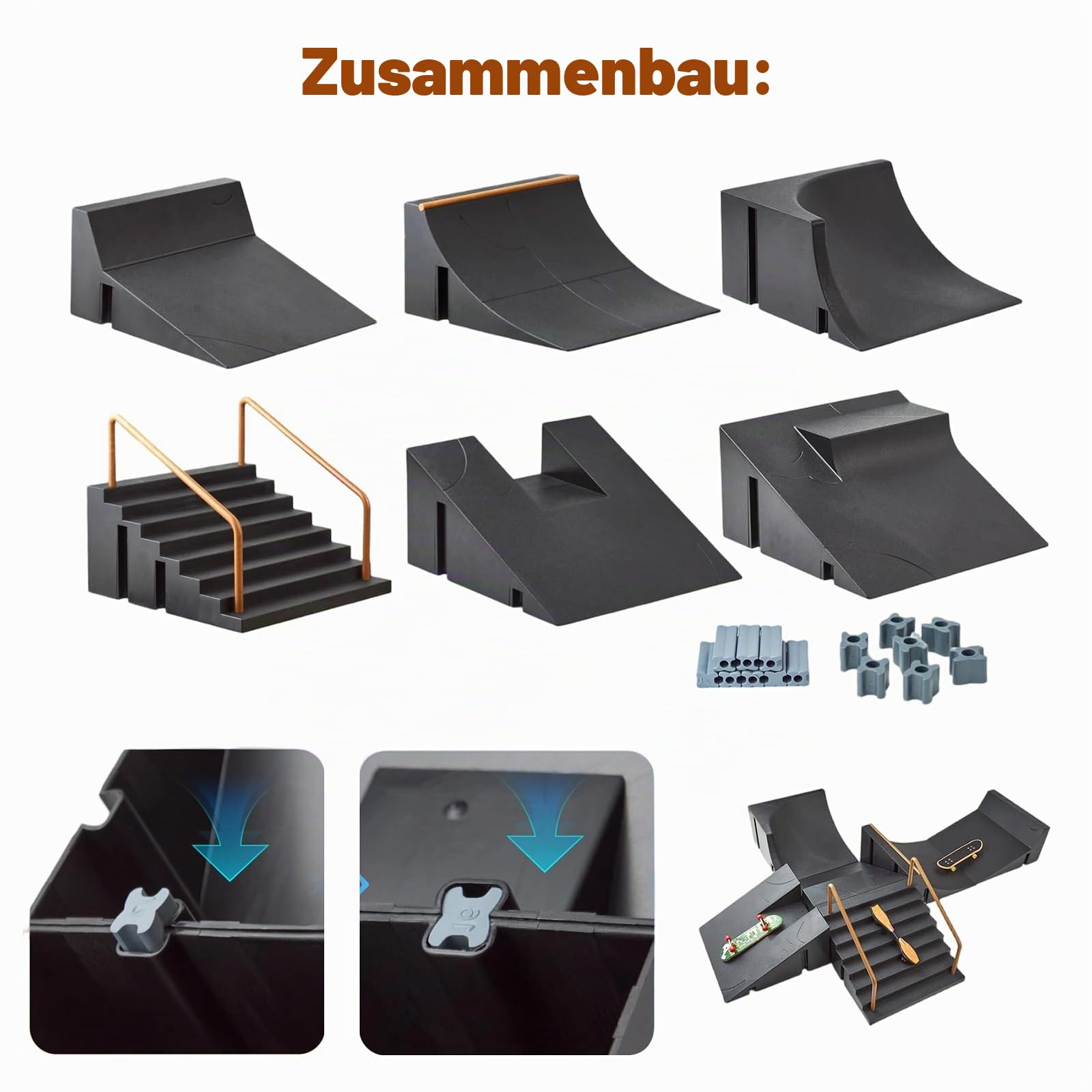Fingerboard, Finger Skateboards Set, Fingerboard Rampe, Finger Skateboard Park, Modulares Set mit 6 Rampen, Verbindungsknöpfen, für Skate-Tricks, Kreativspiel, Geschenkidee