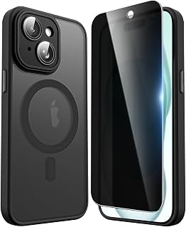 Privacy Case for iPhone 15,Magnetic iPhone 15 Phone Case with Privacy Screen Protector X2 & Camera Protector [Compatible with MagSafe],Translucent Matte Shockproof Cover-Black