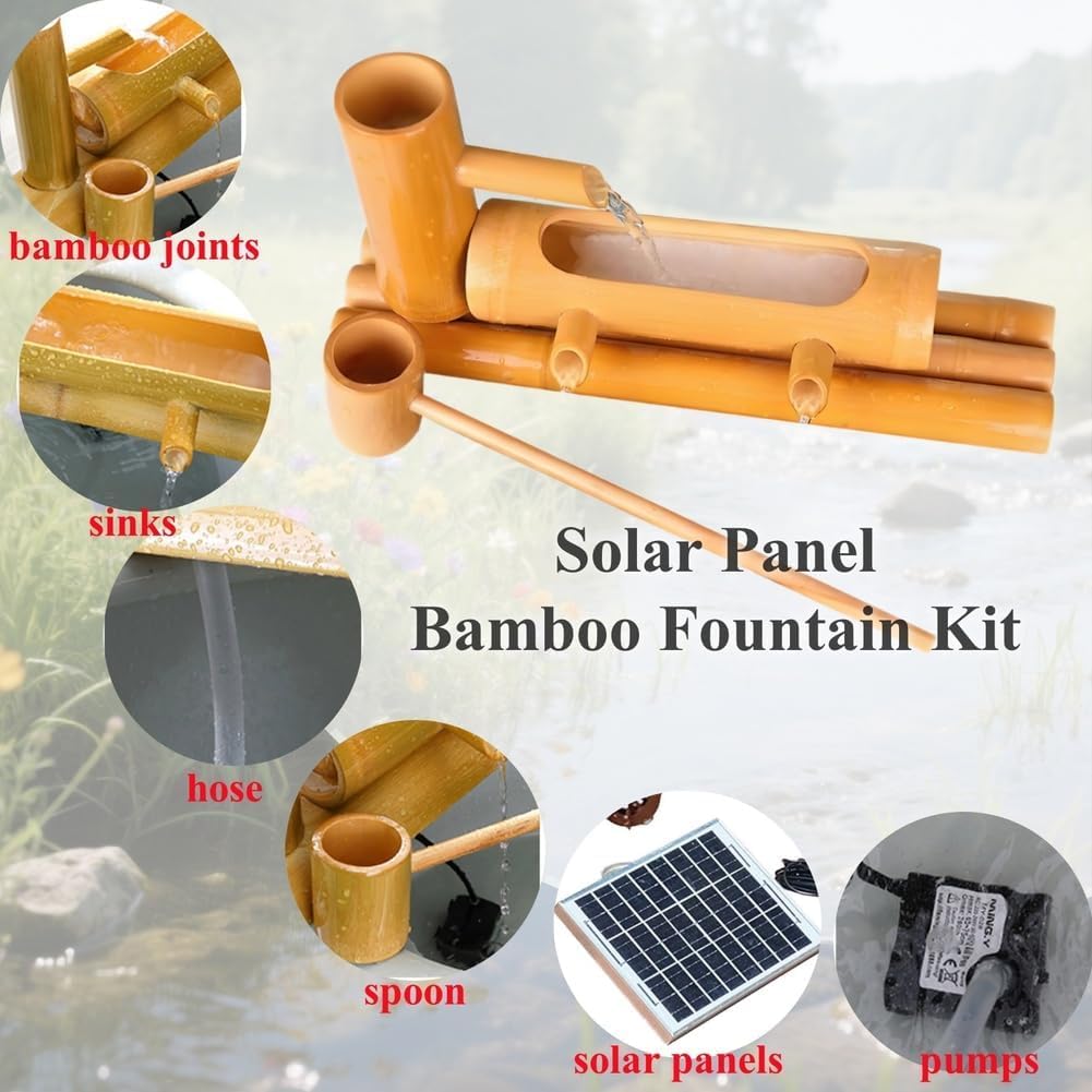 Kit fontana solare in bambù – Pompa ecologica per giardino, stagno, piscina, acquario, vasca per uccelli, design durevole e resistente alle rotture per esterni