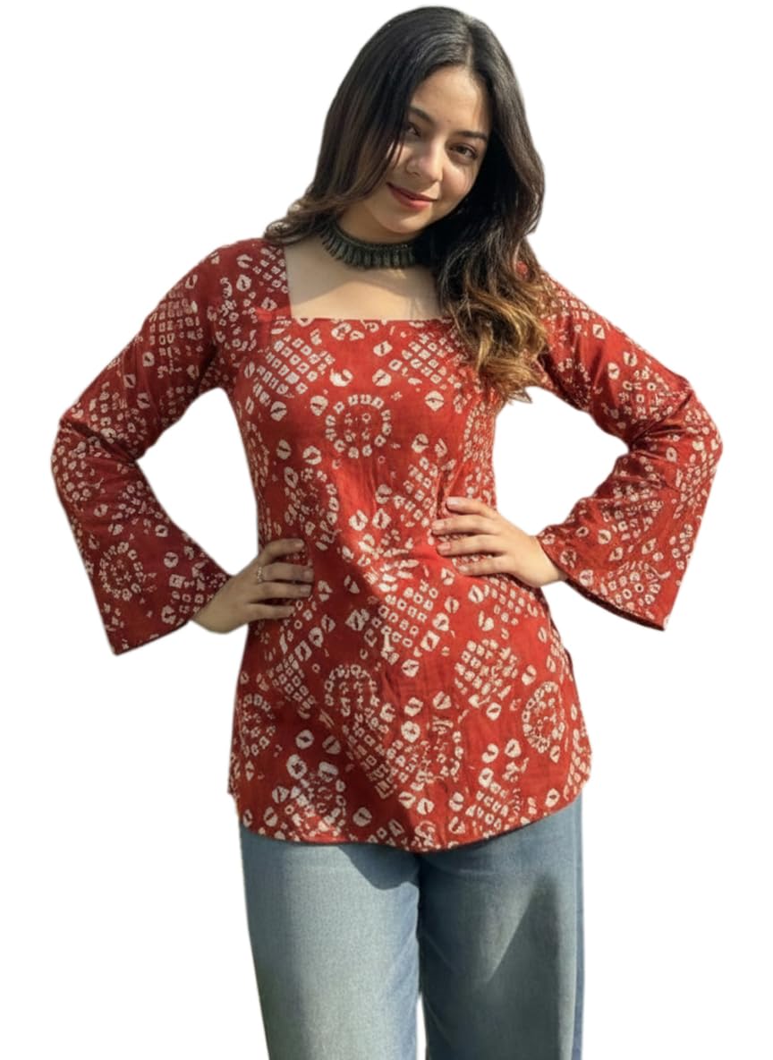 ANNI Designer Women’s Viscose Printed Short Kurti | Straight Fit Ethnic Top with Square Neck | Bell Sleeve Casual Indian Kurta for Office College, Party