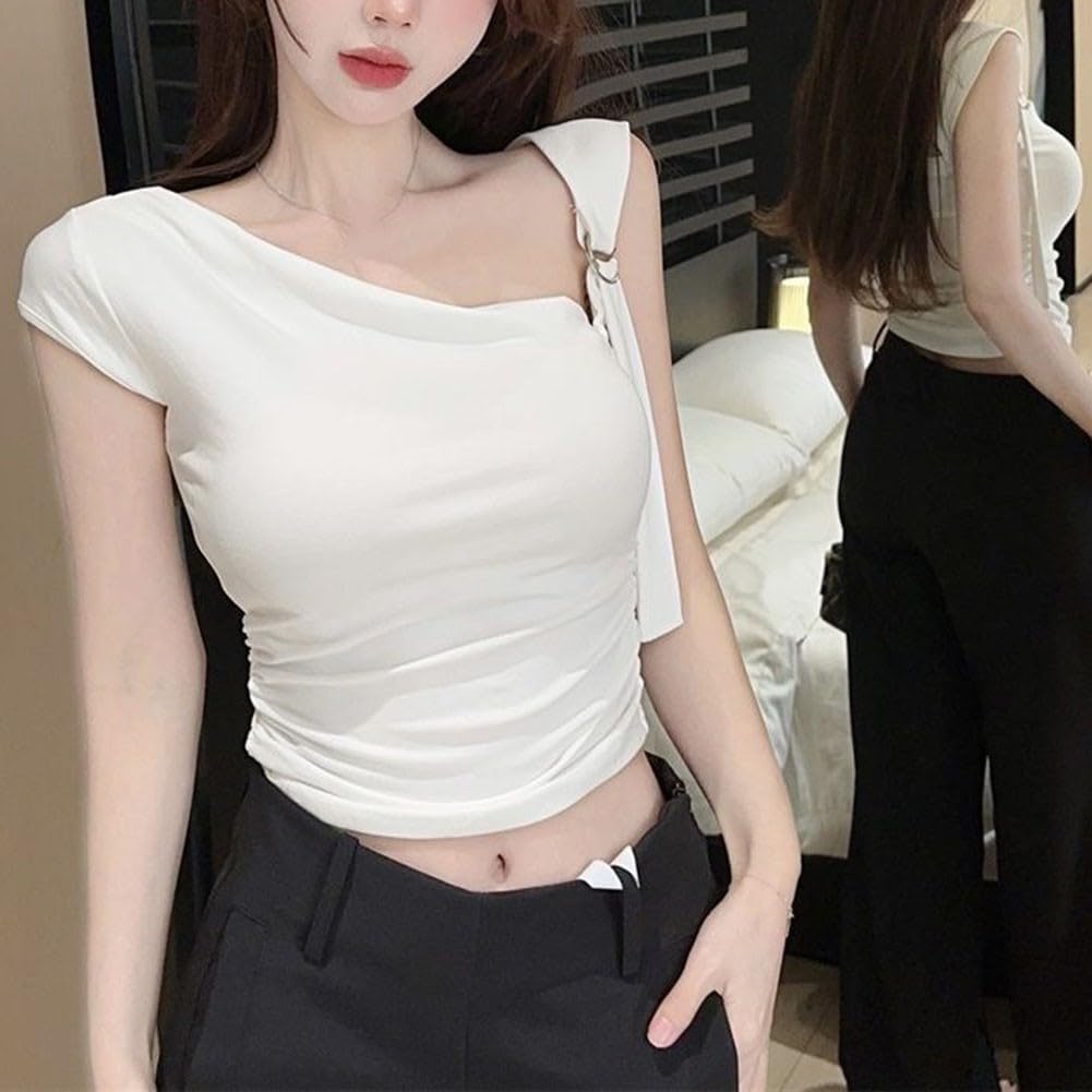 Haut court à épaules dénudées à manches courtes pour femme, fabriqué en polyester, couleur unie, style pour les sorties par temps chaud