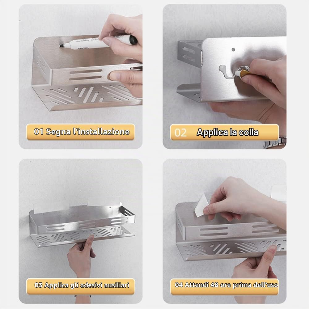 40cm Mensola Doccia Senza Foratura Mensola Bagno Autoadesivo Acciaio Inossidabile con 2 Ganci Organizer Bagno per Shampoo, Sapone, Spugna, Cucina Cromo Superficie