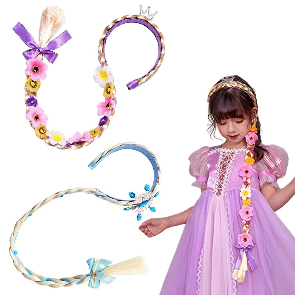PATPAT 2Pcs Princess Rapunzel Wig Long Braid Tiara Headband Elsa Dress Accessories For Girls Elsa Flowers Dess Up Hairpiece Kids Costume Wigs For Girls Party, Cosplay, Halloween,Multi