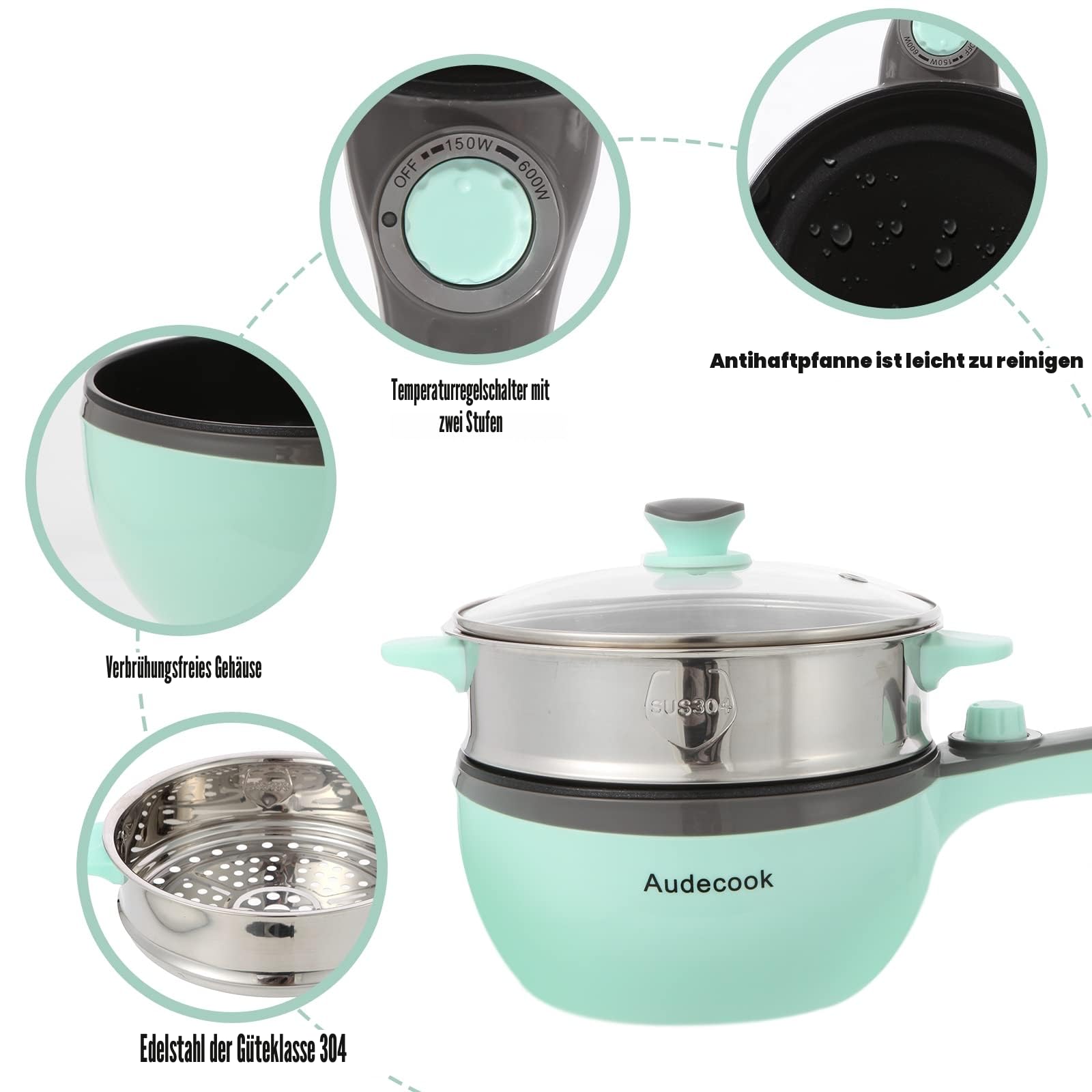 Audecook Elektrische Hot Pot mit Dampfgarer, 1,5 L/20cm Elektrischer Bratpfanne Hotpot Topf Antihaft Mini Elektropfanne, Multikocher für Wohnheim Ramen, Steak (A (grün/1,5 l mit Dampfgarer))