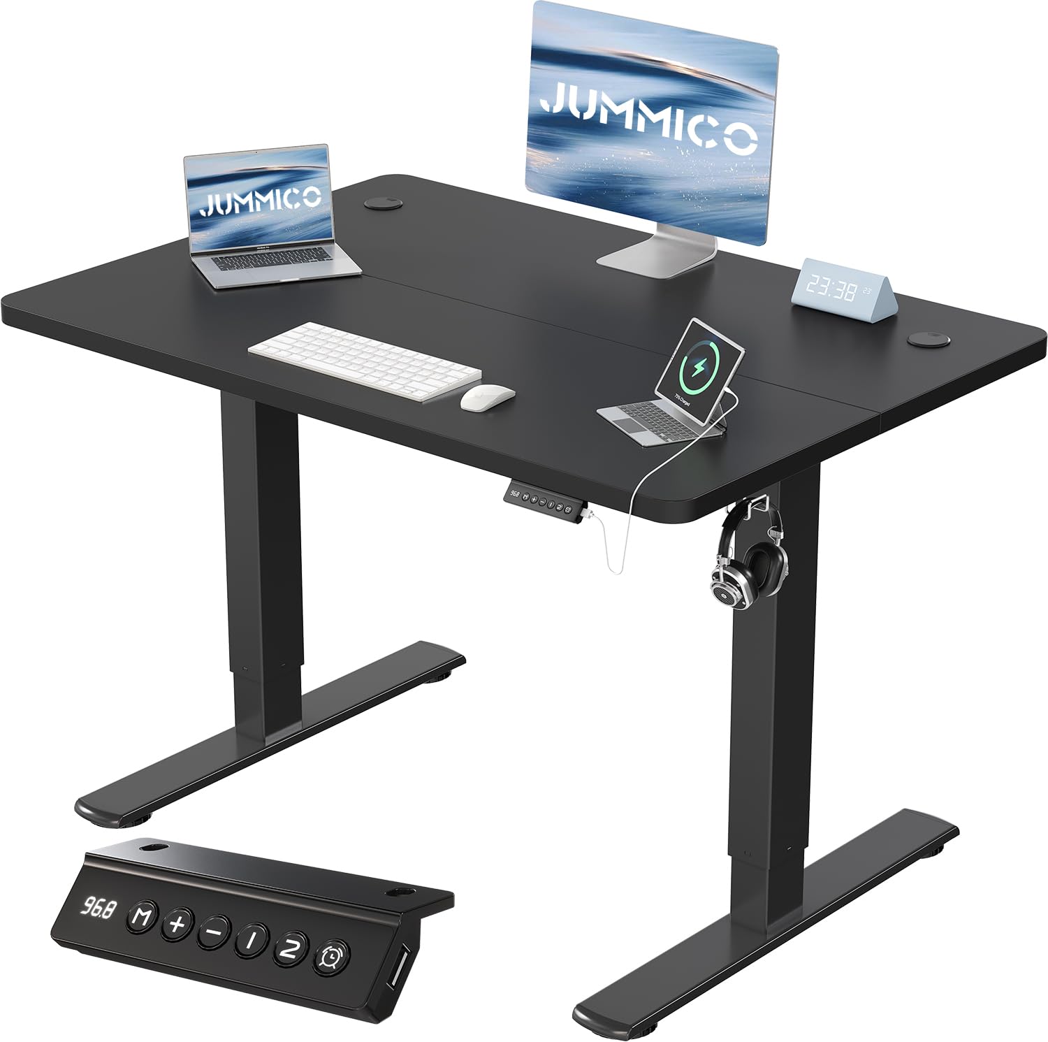 JUMMICO Höhenverstellbarer Schreibtisch mit USB-Buchse 90 × 60 cm, Schreibtisch Höhenverstellbar Elektrisch, Ergonomischer Steh-Sitz Tisch Stehpult Verstellbarer Computertisch,Standing Desk, Schwarz