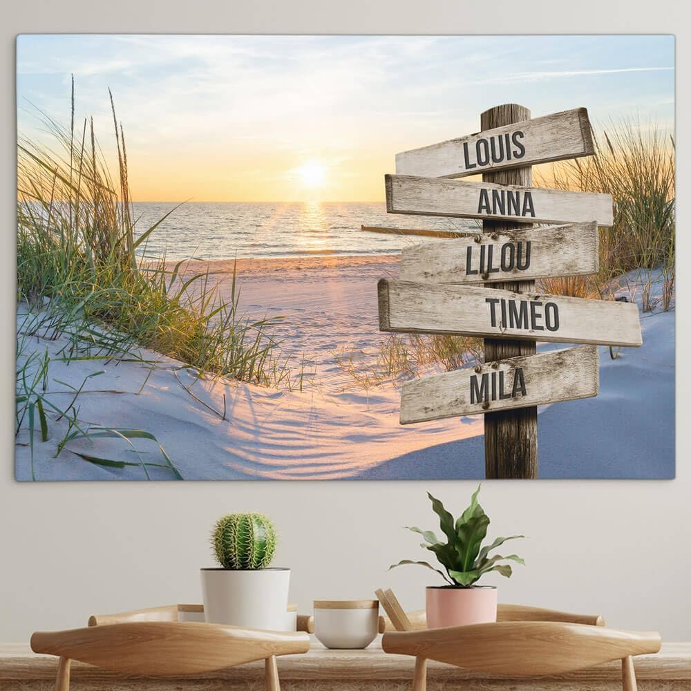 Toile Personnalisée Famille Avec Cadre - Coucher De Soleil Sur Ponton - Prénoms Sur Mesure (60 X 40 Cm)