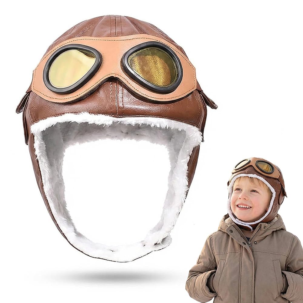 Vervora Kids Aviator Hat with Goggles, Faux Leather Fur Lined Winter Pilot Style Cap, Children’s Warm Dress-Up Accessory for Photos and Themed Outfits (Brown Pilot)